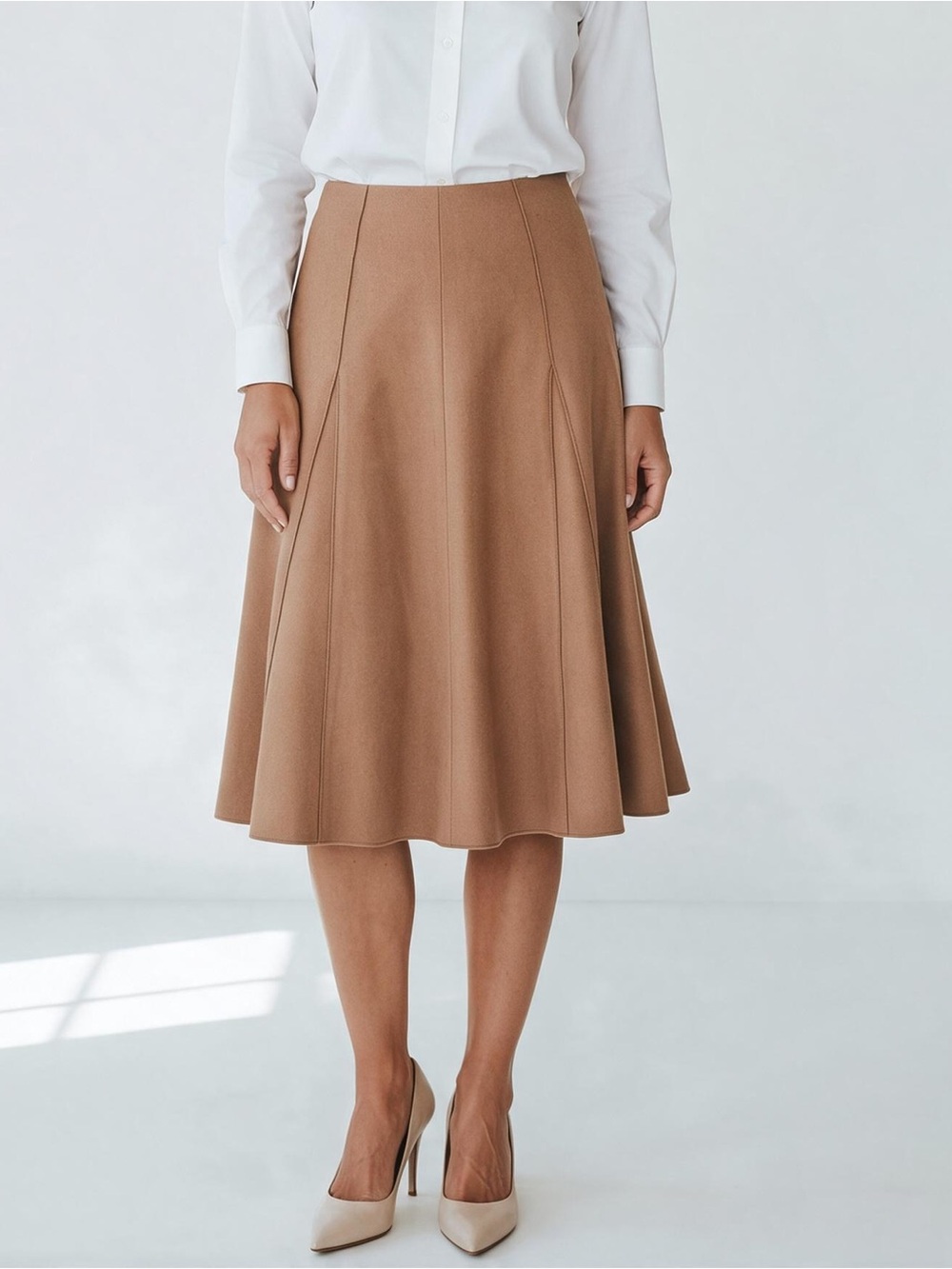 Vintage Harvé Benard Camel Brown Wool Blend Paneled Flare Skirt Size 6 A-Line